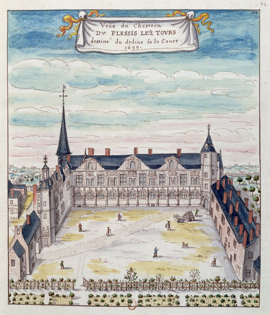 Kilátás a Chateau de Plessis-les-Toursra a Tourraine-ben, 1699 (toll, tinta és WC papíron) (lásd még: 173766) alkotó: French School