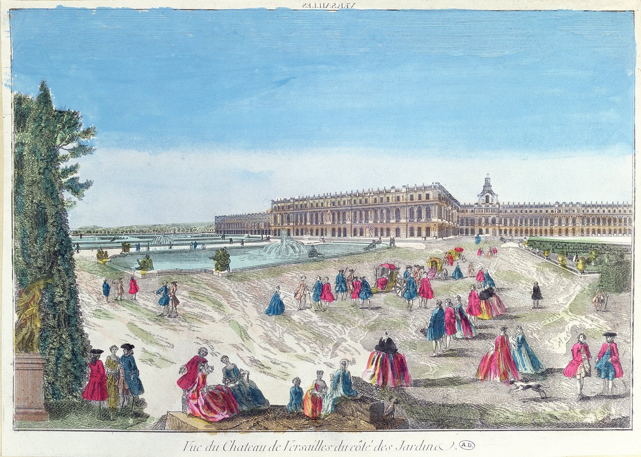 Kilátás a Versailles-i kastélyra a kertből alkotó: French School