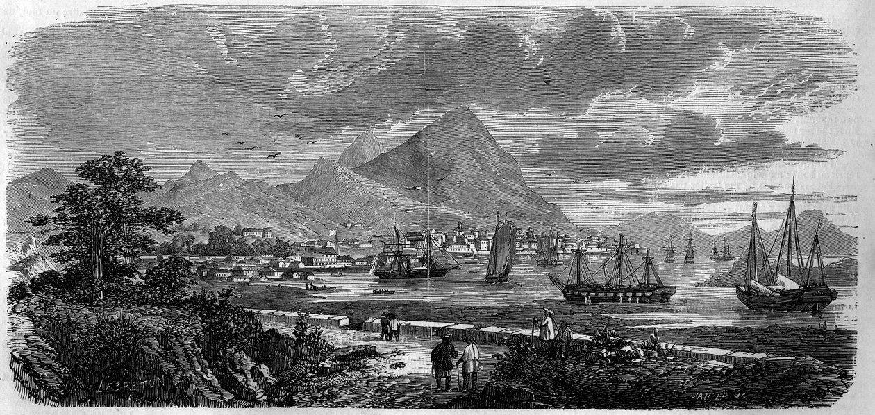 Hongkong városának (Hongkong) látképe (Canton Bay Island) 1857-ben. Metszet a „” Le Monde Illustré”” 29. számban, 1857. október 31.. alkotó: French School