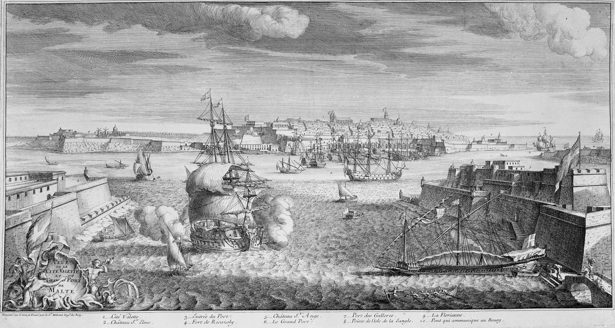 Kilátás Valletta városára, Málta kikötőjére, 1736 körül (metszet) alkotó: French School