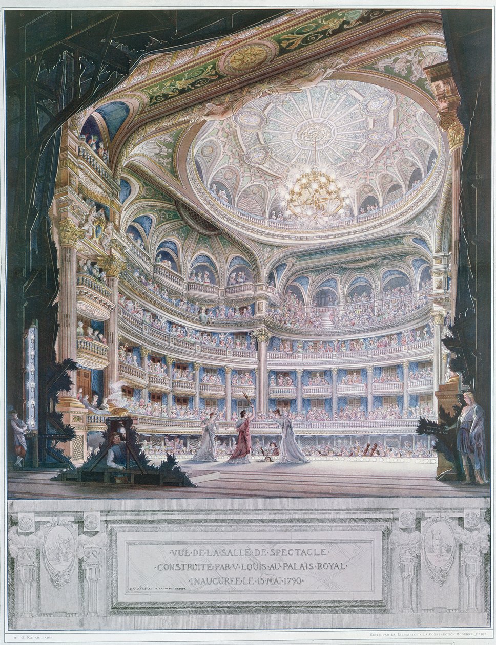 A Comedie Francaise Színház látképe 1790-ben, Gaudet és Prudent eredetije után (színes metszet) alkotó: French School