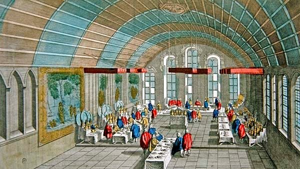 Kilátás a császárnak és a szász választófejedelemeknek 1758-ban tartott vacsorára a frankfurti városházán, Németországban (színes metszet) alkotó: French School