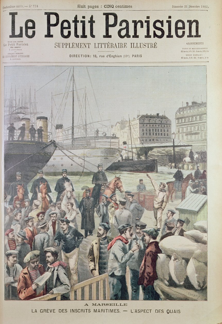 Kilátás a marseille-i dokkra a tengeri sztrájk idején, a Le Petit Parisien címlapjáról, 1902. december 21. alkotó: French School