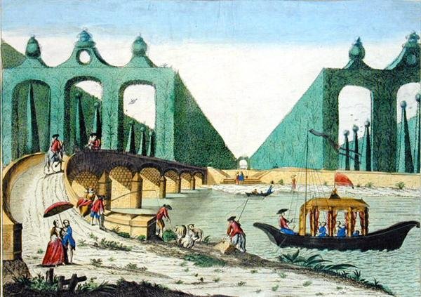 Kilátás Lord Hamilton kertjére a Temze folyó hídja felé London közelében (színes metszet) alkotó: French School