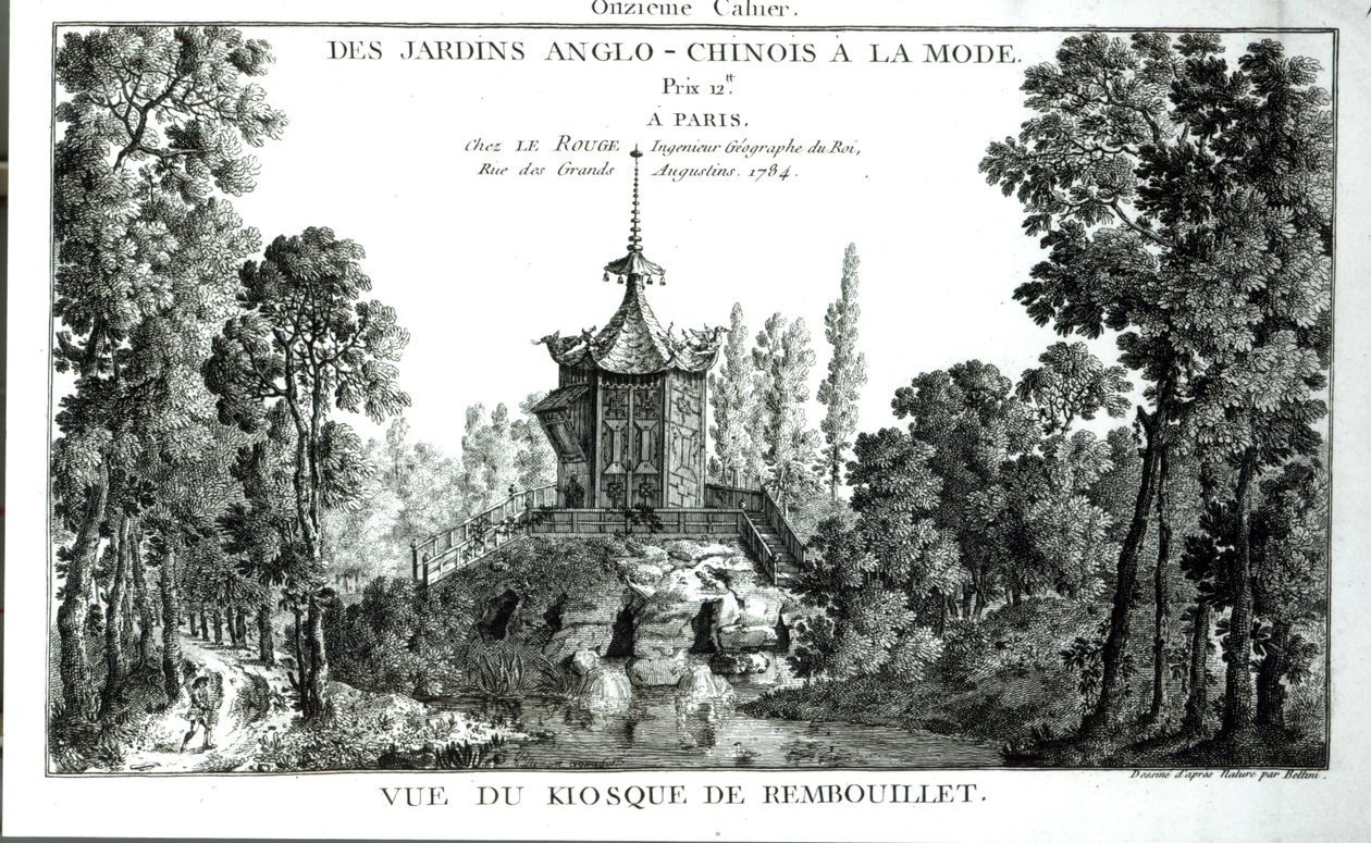 A Rembouillet-i kioszk kilátása, a Jardins Anglo-Chinois a la mode-ból George Louis le Rouge, megjelent 1775-78 alkotó: French School