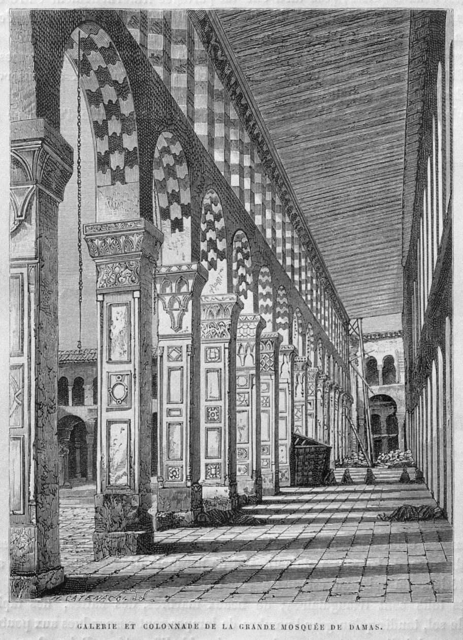 Kilátás az északi portikóra, az Omajjád mecsetre, Damaszkusz, Szíria, Szíriából ma. Utazások Föníciában, Libanonban és Júdeában. Louis Charles Emile Lortet 1875-1880, 1884 (bw metszet) alkotó: French School