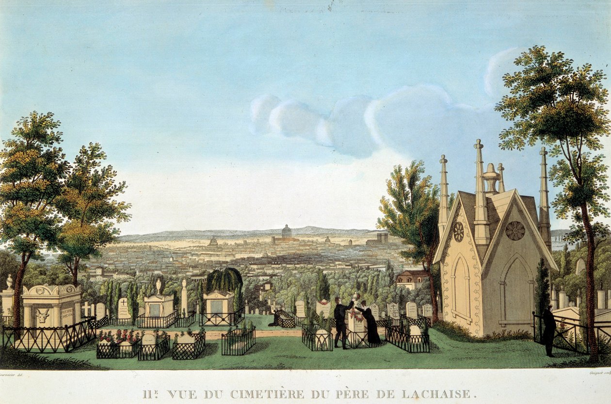 Kilátás a párizsi Pere Lachaise temetőre. Névtelen 19. századi litográfia. Magángyűjtemény alkotó: French School