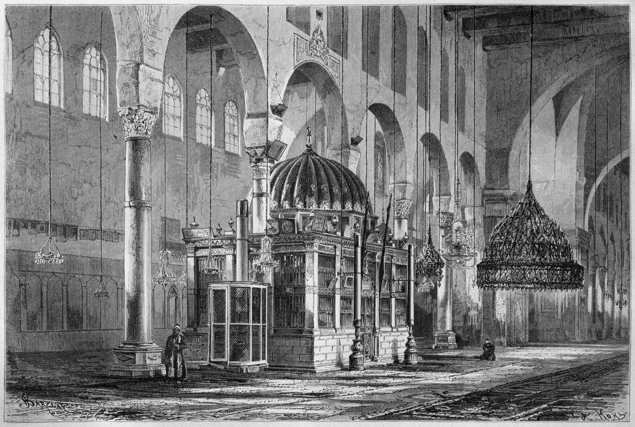 Kilátás az imacsarnokra, az Omajjád mecsetre, Damaszkusz, Szíria, Szíriából ma. Utazások Föníciában, Libanonban és Júdeában. Louis Charles Emile Lortet 1875-1880, 1884 (bw metszet) alkotó: French School