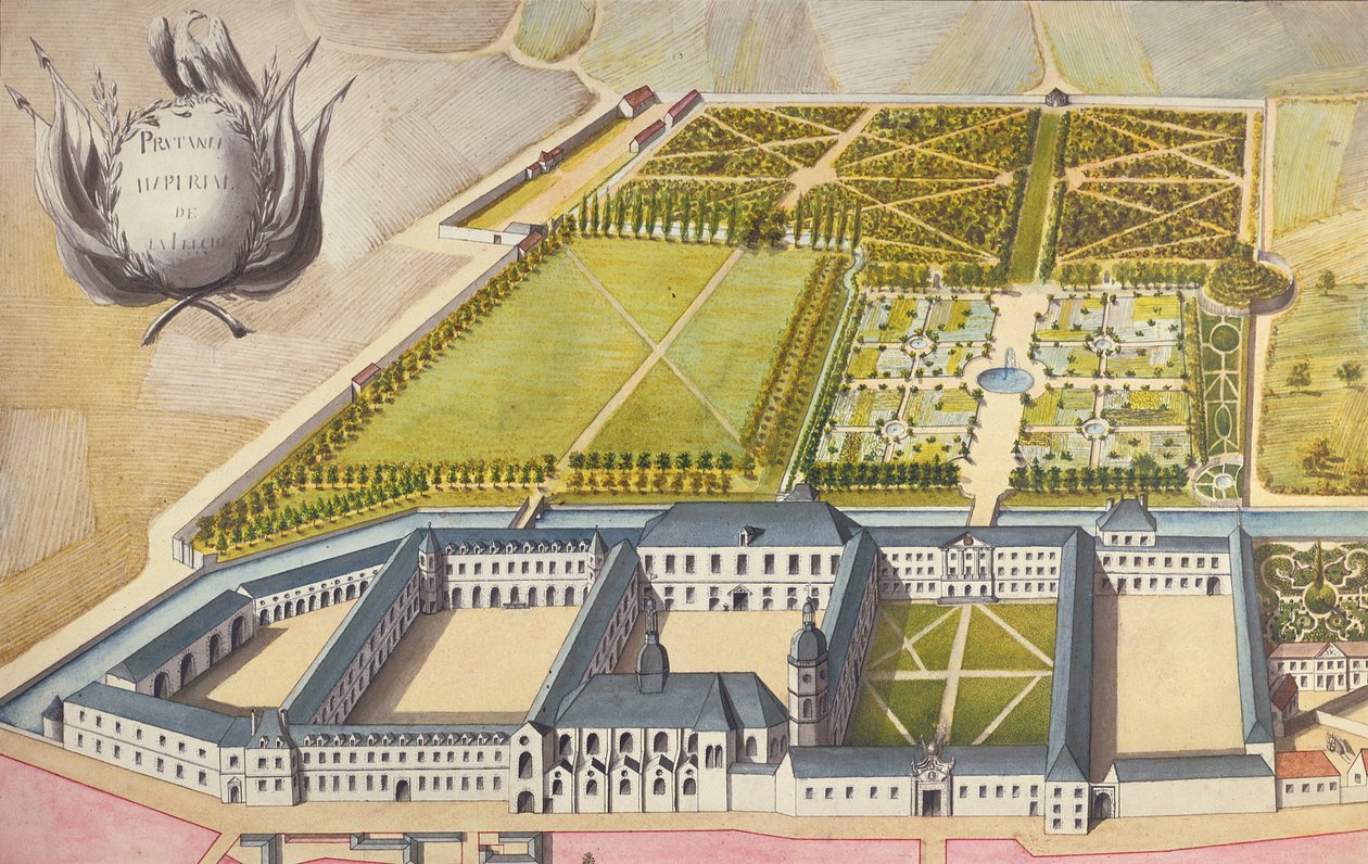 Kilátás a Prytanee Imperialra, korábban a jezsuita főiskola La Fleche-ben, 1810 körül (wc) alkotó: French School
