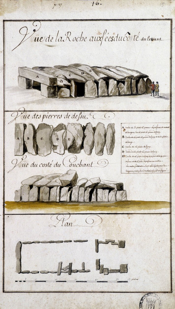 Kilátás a Roche aux Fées-re a keleti oldalon, kilátás a Defsu köveire - a "" Bretagne történelmi, topográfiai és természeti leírása" című részben, Robien alkotó: French School
