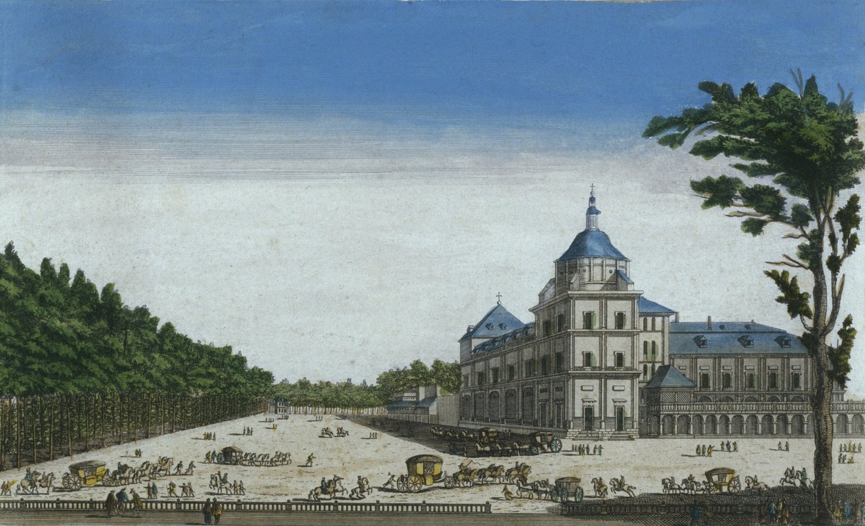 Kilátás az Aranjuez királyi palotára, Spanyolország (színes metszet) alkotó: French School