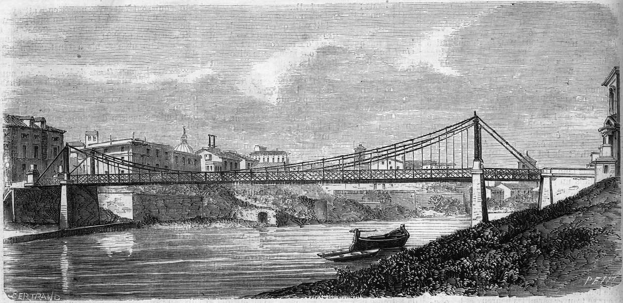 Kilátás a Szent János-hídra a Tiberis folyón (Tevere) Olaszországban, 1863-ban avatták fel. Ezt az acélhidat Alphonse Oudry (1819-1869) tervezte. Metszet a „” Le Monde Illustré”” 349. számában, 1863. december 19. alkotó: French School