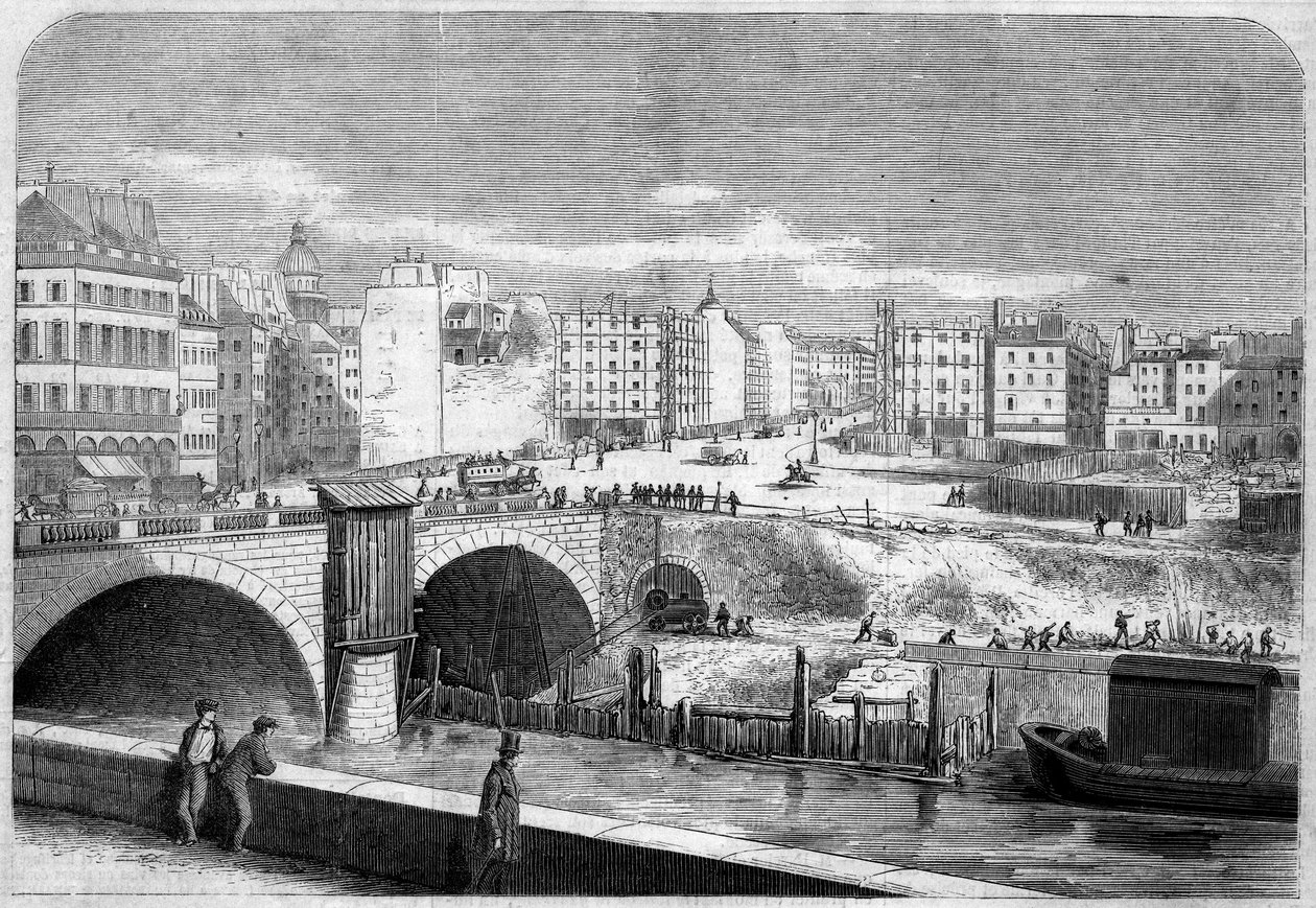 Kilátás az 1857-ben épült Saint Michel hídra (Saint-Michel) és a párizsi Place Saint Michelre (Saint-Michel) alkotó: French School