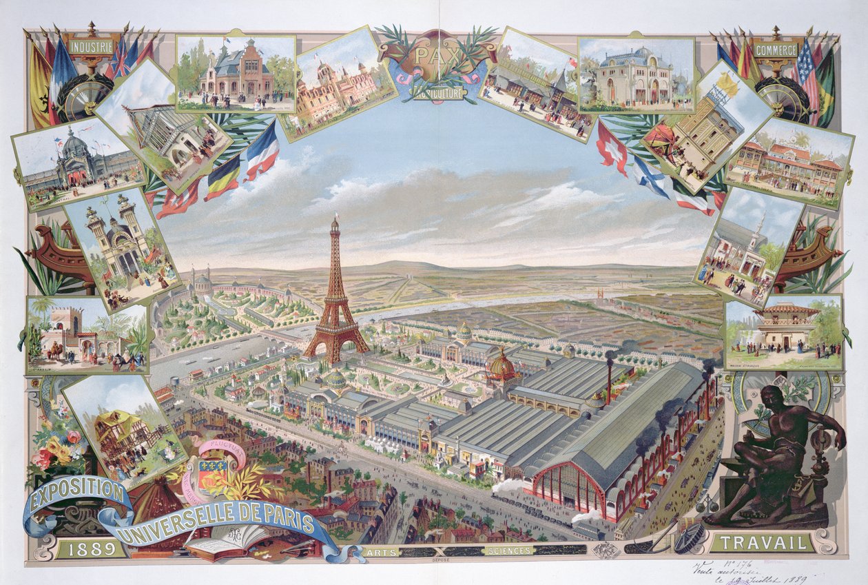 Kilátás az Egyetemes Kiállításra a különböző pavilonokkal és az Eiffel-toronnyal, 1889 alkotó: French School