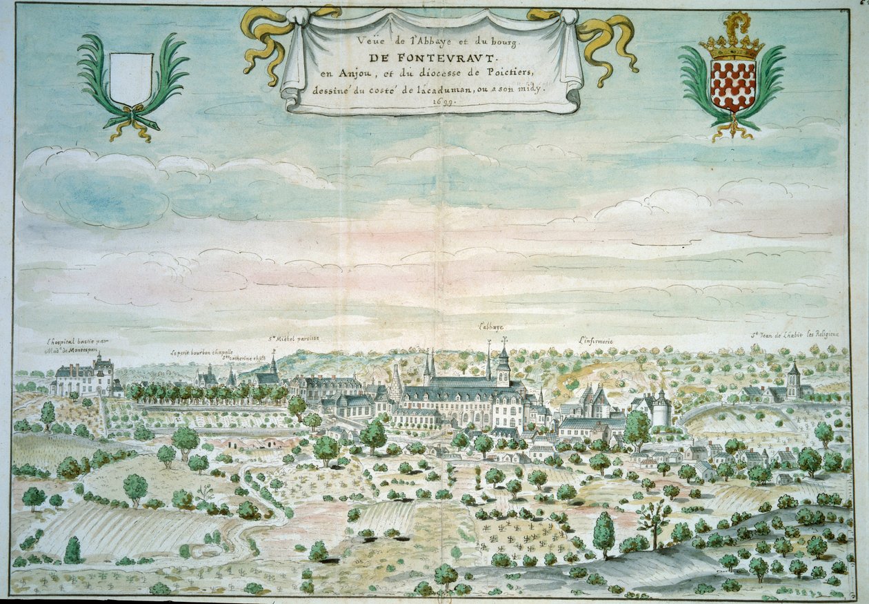 Kilátás a Fontevrault-i (Fontevraud) apátságra Maine-ban és Loire-ban Akvarell a francia iskolából. 1699 Párizs, B.N. alkotó: French School