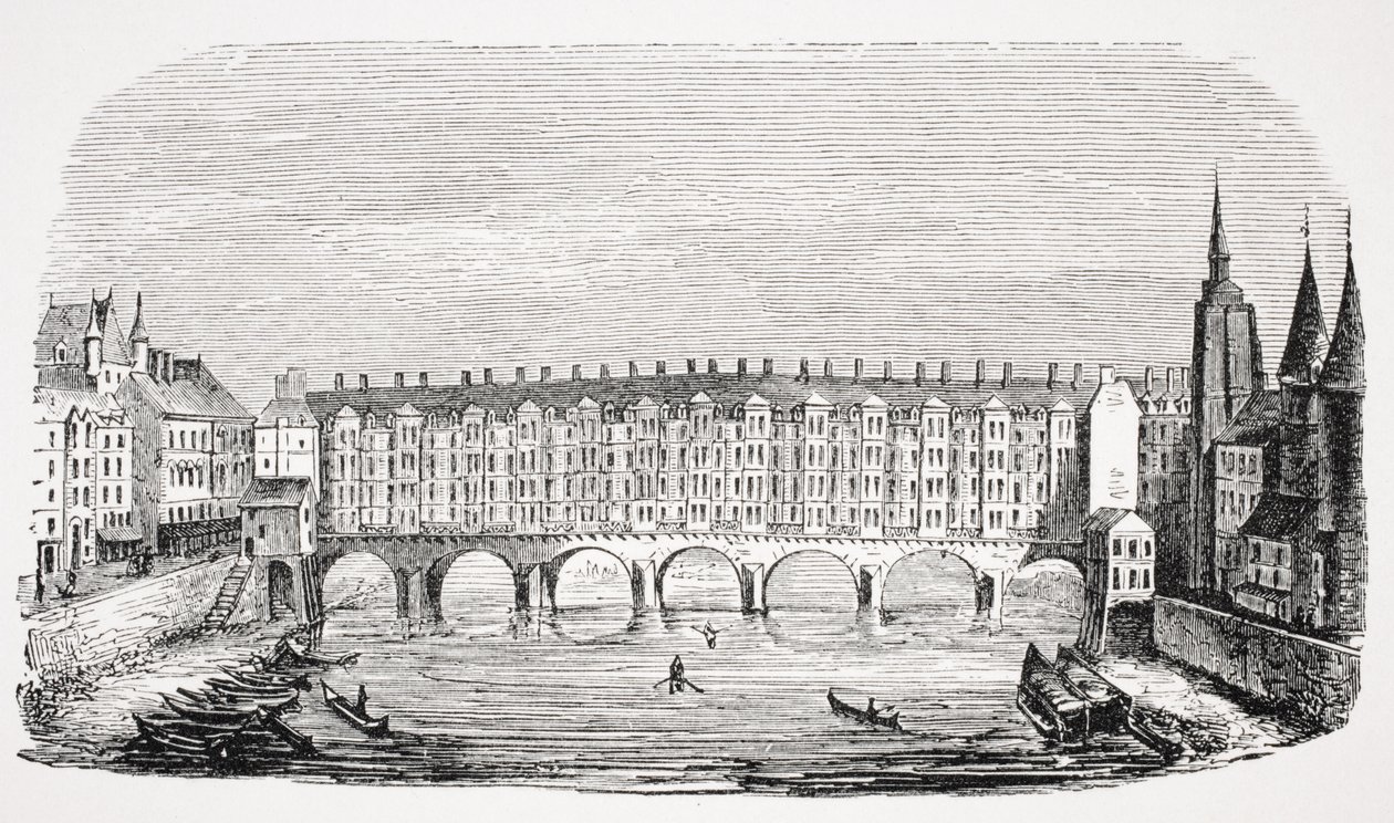 Kilátás az ókori Pont-au-Change-ra, a „Párizs topográfiájának” metszetéből, Paul Lacroix (1806-84) „Le Moyen Age et La Renaissance” című művéből, 1847-ben megjelent alkotó: French School