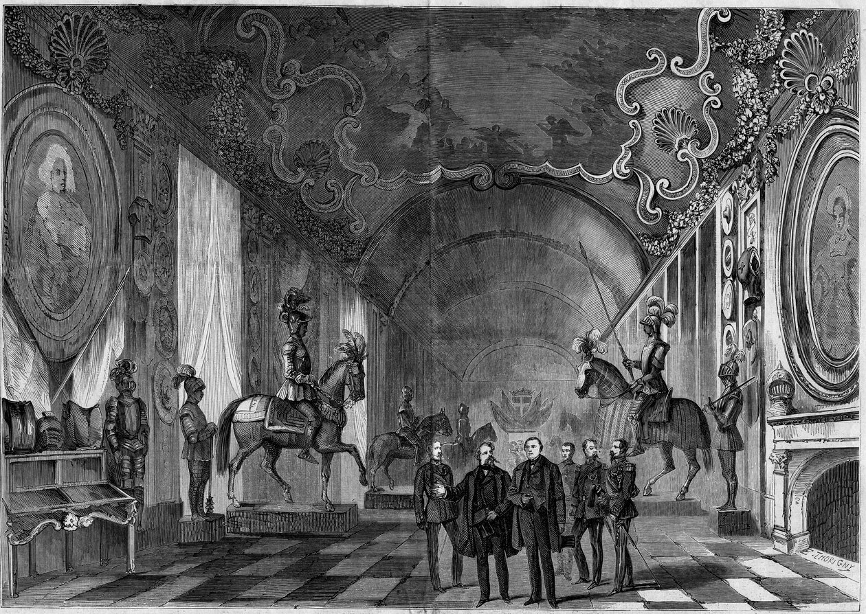 Kilátás a torinói palota (Olaszország) fegyvertermére II. Viktor Emmánuel (Vittorio Emanuele) (Victor-Emmanuel) (1820-1878) és Napóleon herceg (1822-1891) látogatása során alkotó: French School