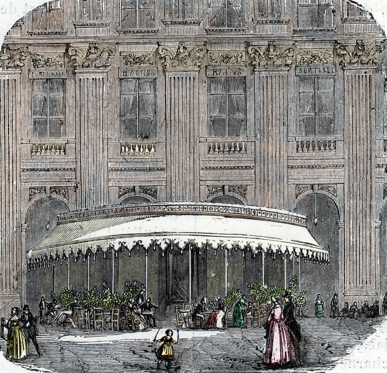 Kilátás a Cafe de la Rotonde-ra a párizsi Palais-Royalban 1860 körül (színes metszet) alkotó: French School