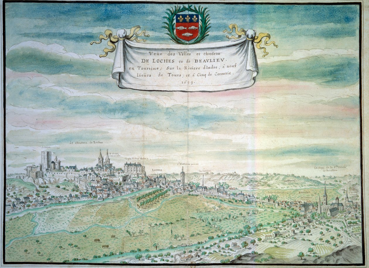 Kilátás a Loches-kastélyra Kilátás a Beaulieu les Loches-re Indre-ben és Loire-ban. A francia iskola akvarellje. 1699 Párizs, B.N. alkotó: French School