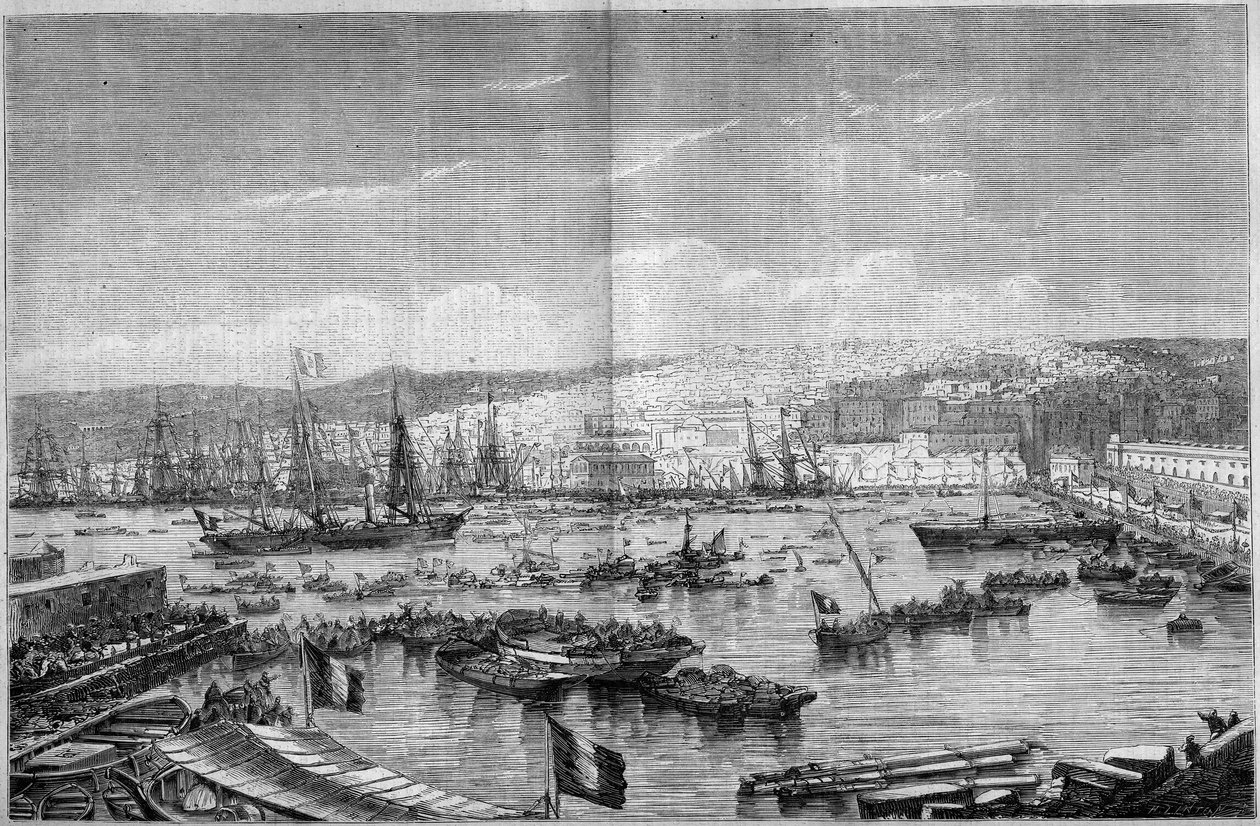 Kilátás Algír városára és kikötőjére (Algéria), III. Napóleon és a Impress Eugenie de Montijo érkezése idején, szeptember 17. alkotó: French School