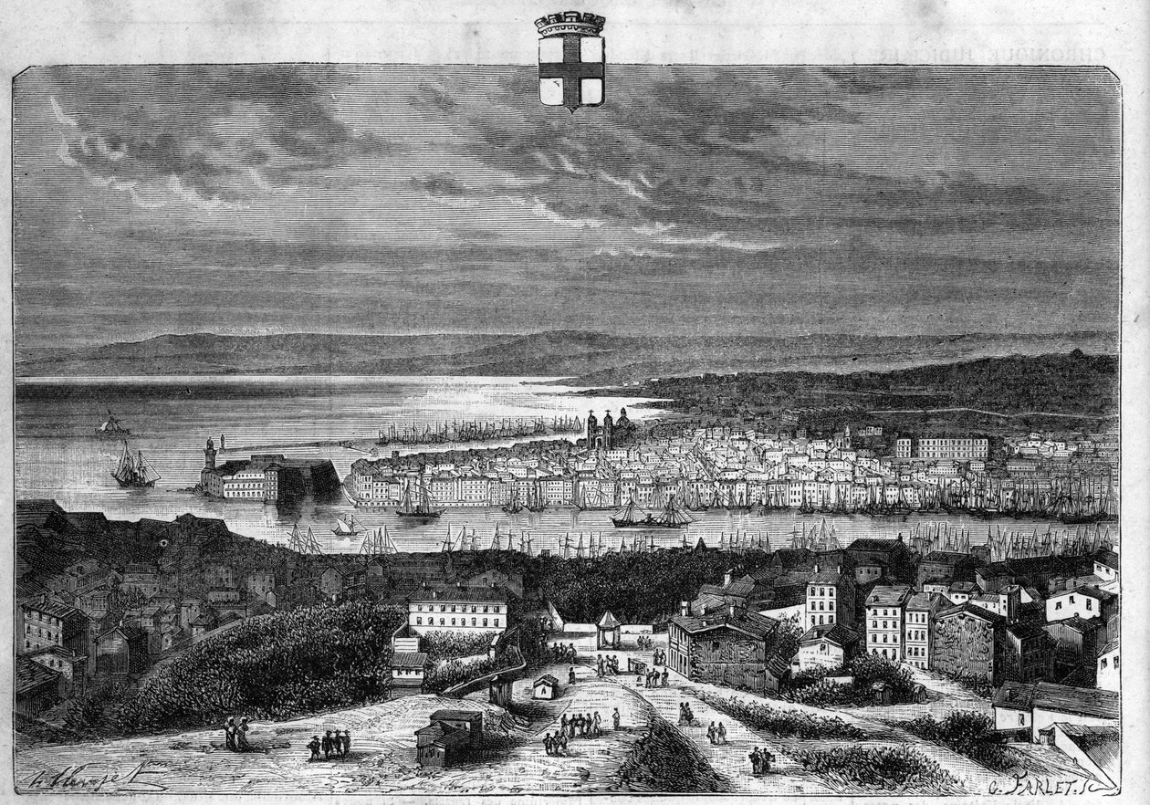 Kilátás a városra és Marseille kikötőjére. Metszet 1880-ból a „La republique illustree”” magángyűjteményben. alkotó: French School