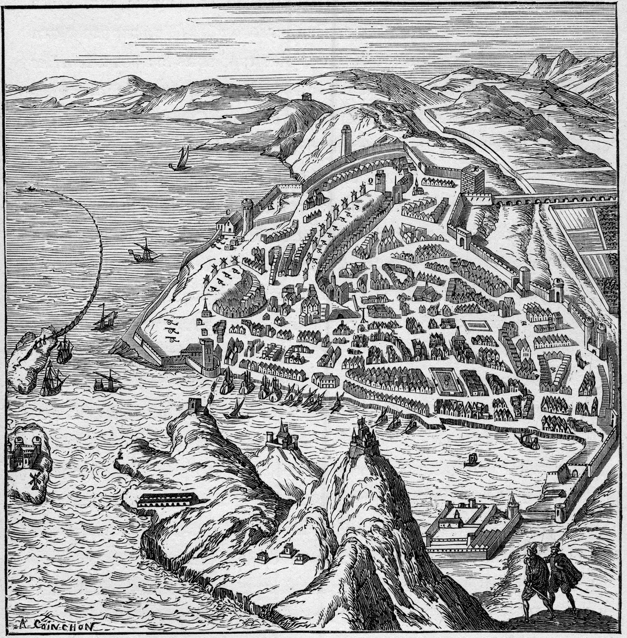 Kilátás a városra és Marseille kikötőjére a 16. században. Metszet: „La Marine et les colonies: kereskedelem” alkotó: French School