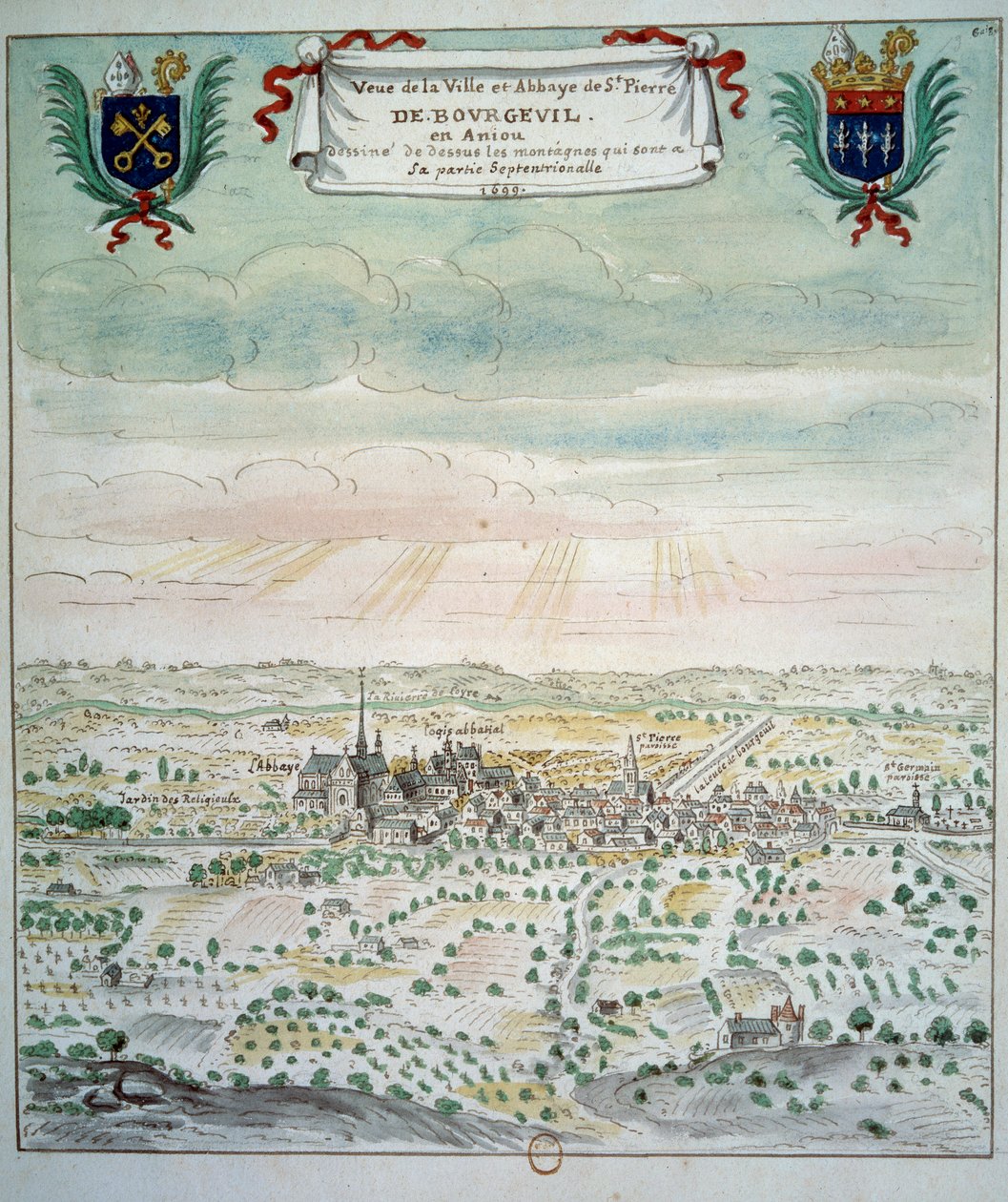 Kilátás a városra és a Saint Pierre de Bourgueil apátságra Akvarell a francia iskolából. 1699 Párizs, B.N. alkotó: French School
