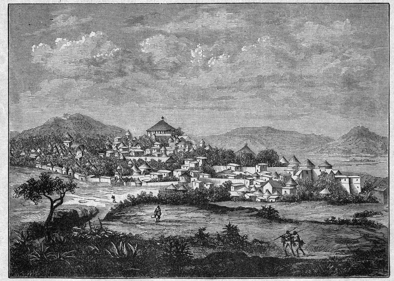Kilátás Adoua városára, Etiópia tigris régiójának fővárosára. Metszet 1896-ból Achille Raffray „” L