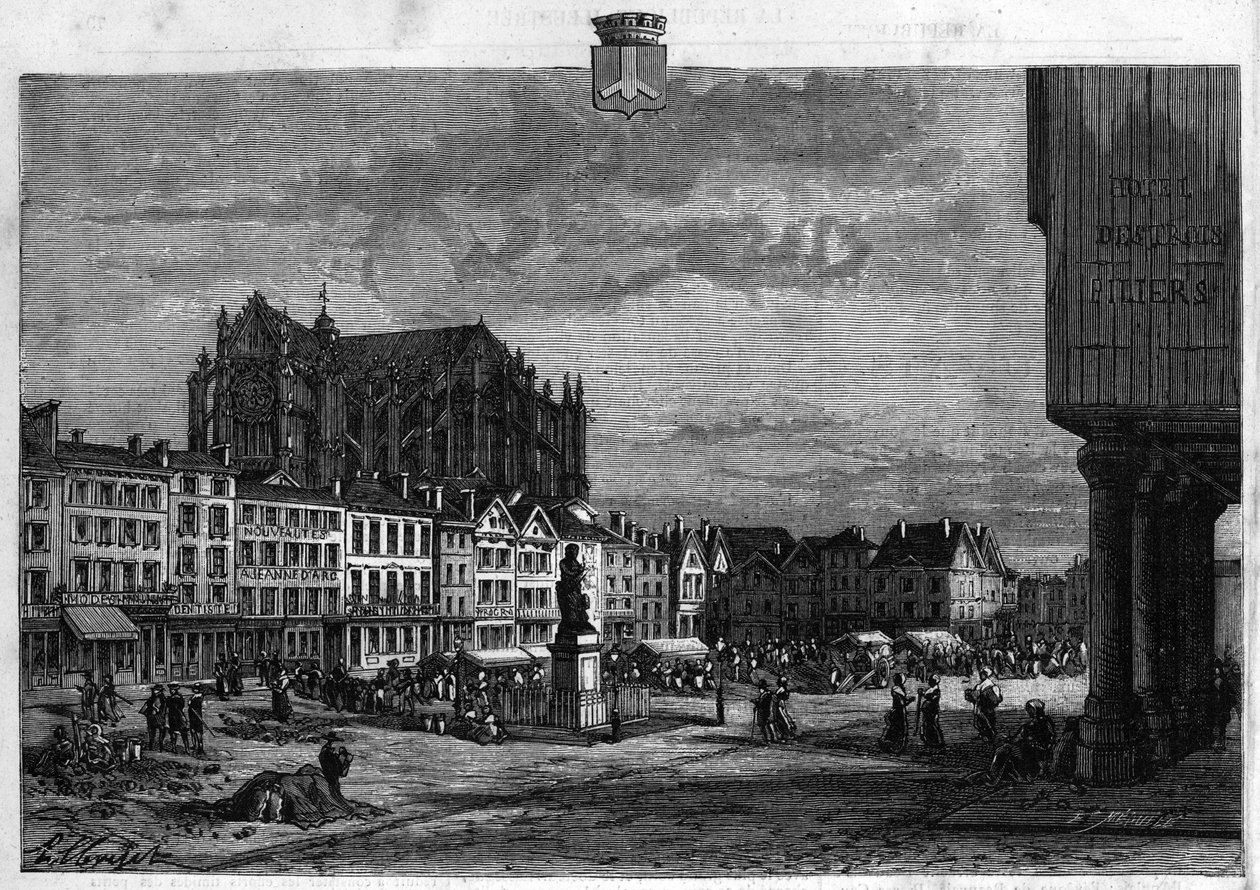 Kilátás Beauvais városára az Oise-ban. Metszet 1880-ból a „La republique illustree”” magángyűjteményben. alkotó: French School