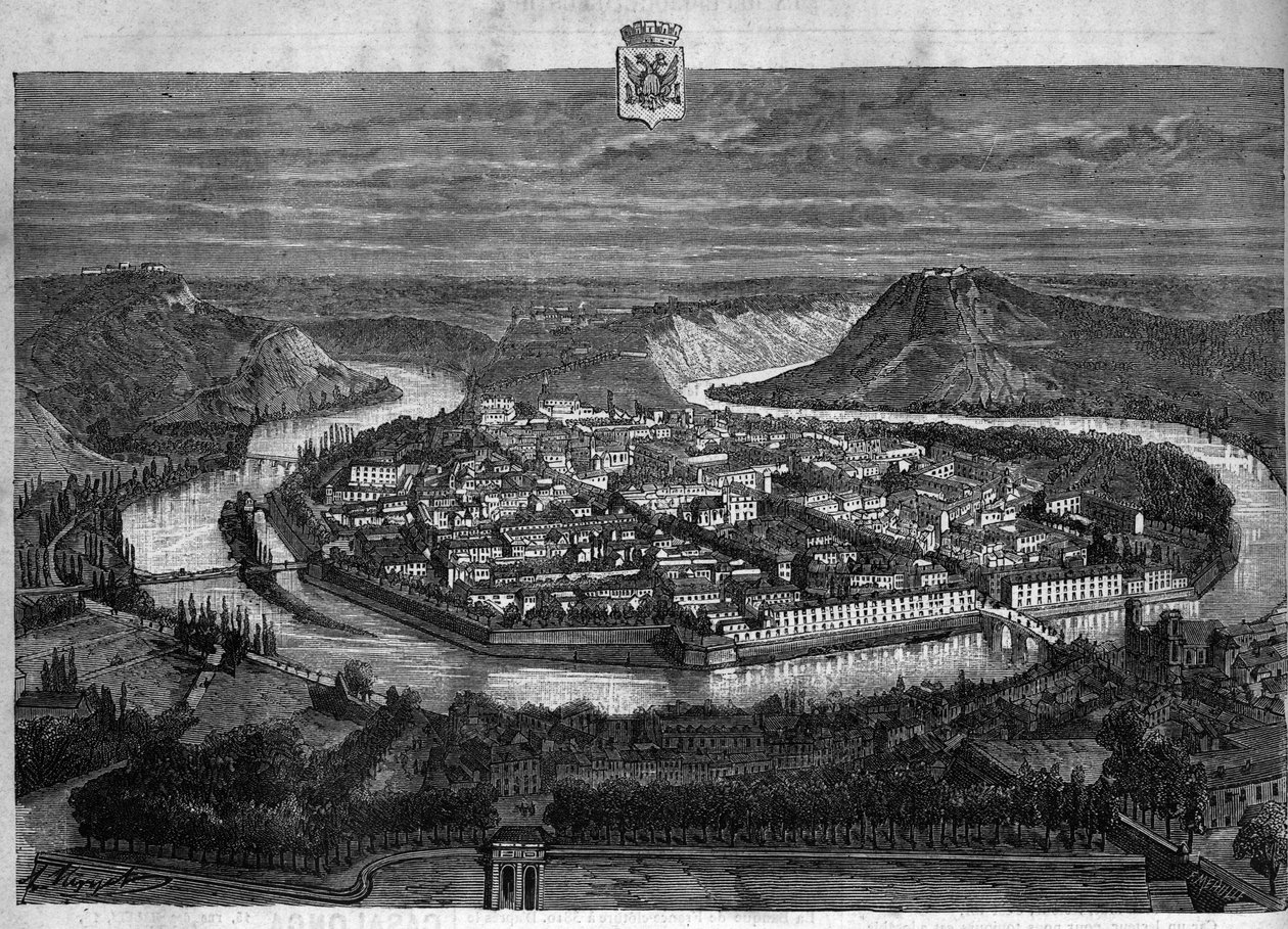 Kilátás Besancon városára a Doubsban. Metszet 1880-ból a „La republique illustree”” magángyűjteményben. alkotó: French School
