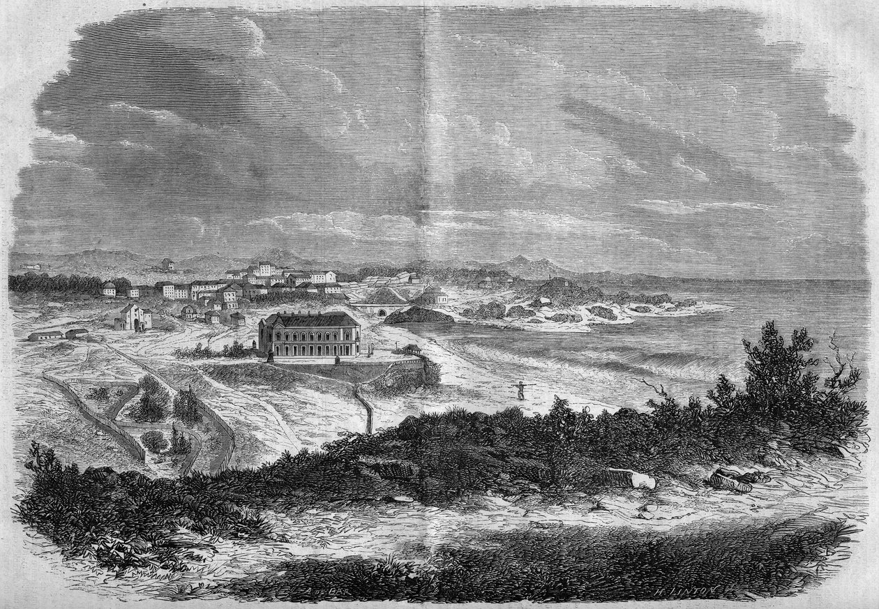 Biarritz városának látképe, Atlanti-óceán Pireneusai (64) 1858-ban. Metszet a „” Le Monde Illustré”” 75. sz.-ban, 1858. szeptember 18.. alkotó: French School
