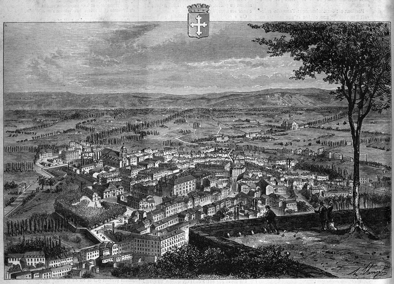 Kilátás Bourg városára az Ainban. Metszet 1880-ból a „La republique illustree”” magángyűjteményben. alkotó: French School