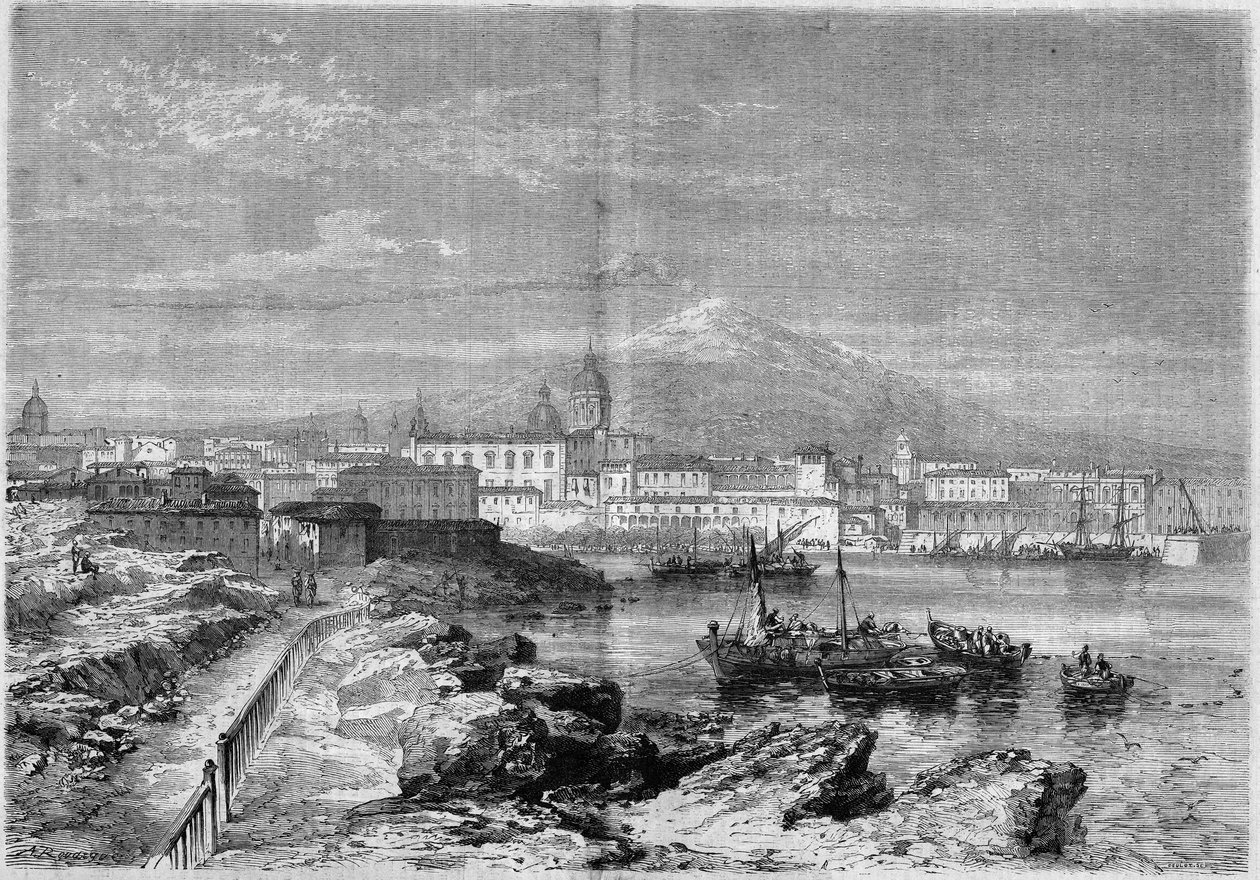 Kilátás Catania városára (Catania) az Etna vulkán lábánál. Szicília, Olaszország alkotó: French School