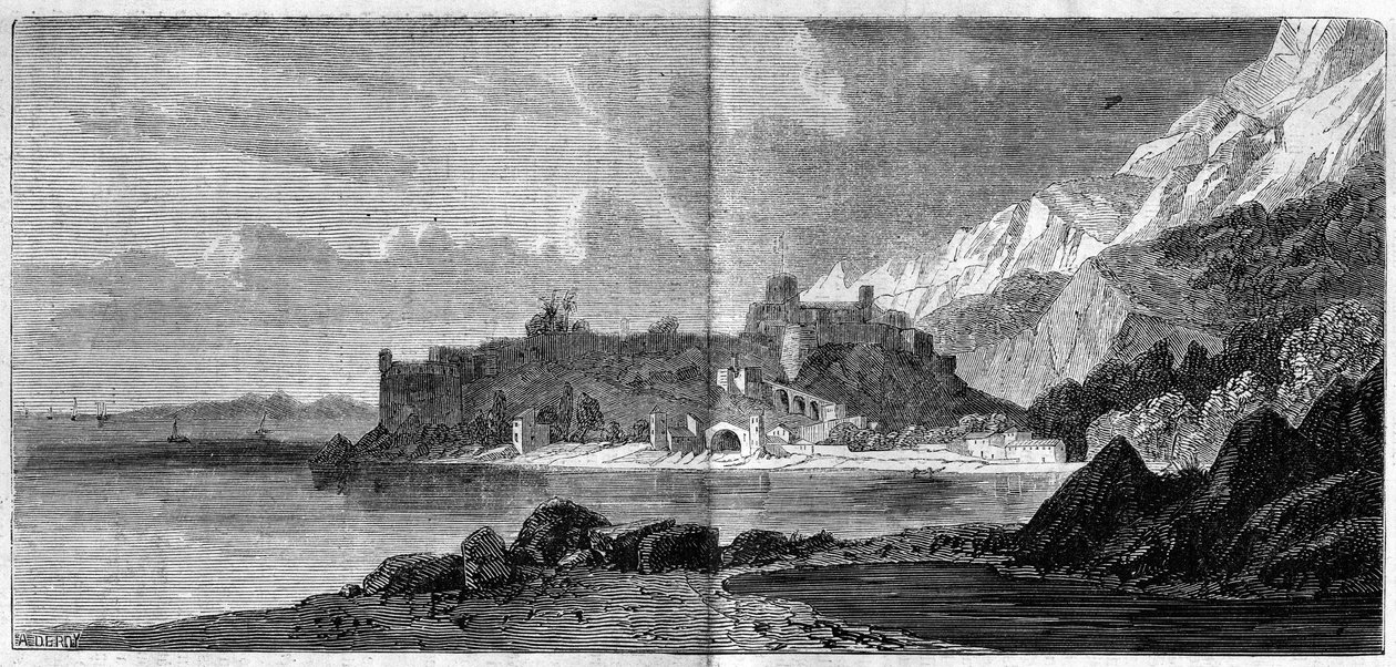 Monaco városának kilátása 1860-ban. Metszet az 1860. április 14-i „” The Illustrous World”” 157. sz. alkotó: French School