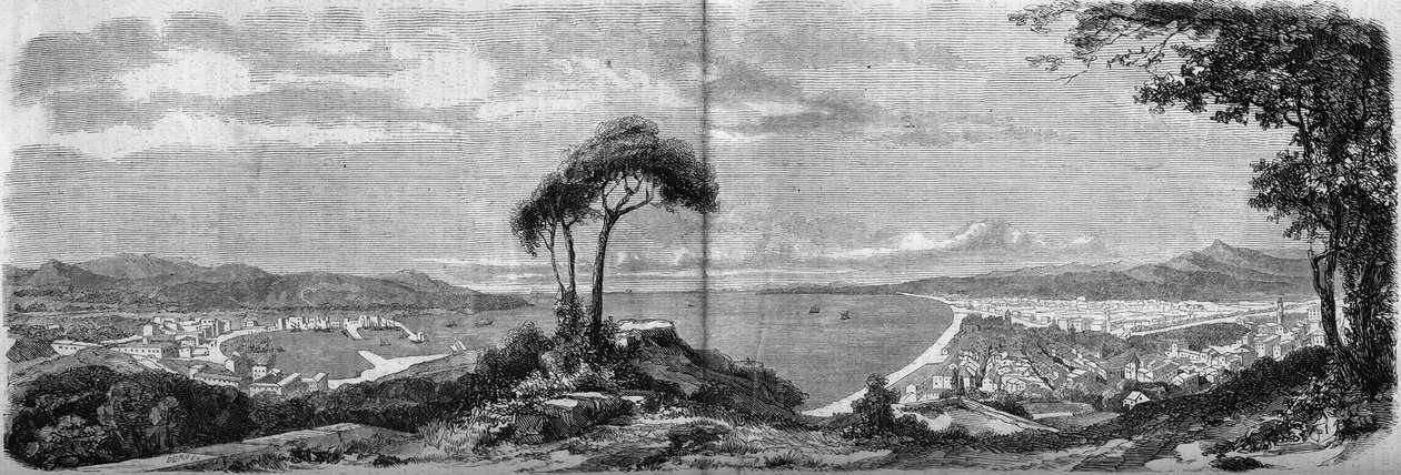 Nizza városának kilátása 1860-ban. Metszet az 1860. április 14-i „” The Illustrous World”” 157. sz. alkotó: French School