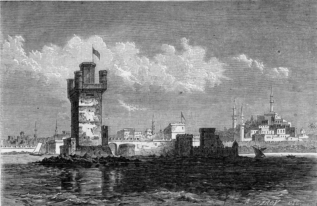 Rodosz város (Görögország) kilátása a négyzet alakú Saint Michel (Saint Michel) toronnyal, amely 1863-ban egy földrengés során megsemmisült. Metszet a „” Le Monde Illustré”” 320. számában, 1863. május 30. alkotó: French School