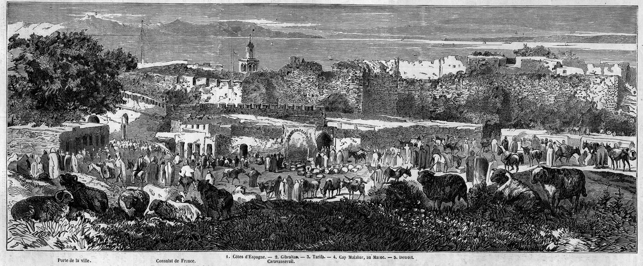 Kilátás Tangier városára (Marokkó), az arab felvonulás napján. Metszet a „” Le Monde Illustré”” 129. számában, 1859. október 1.. alkotó: French School