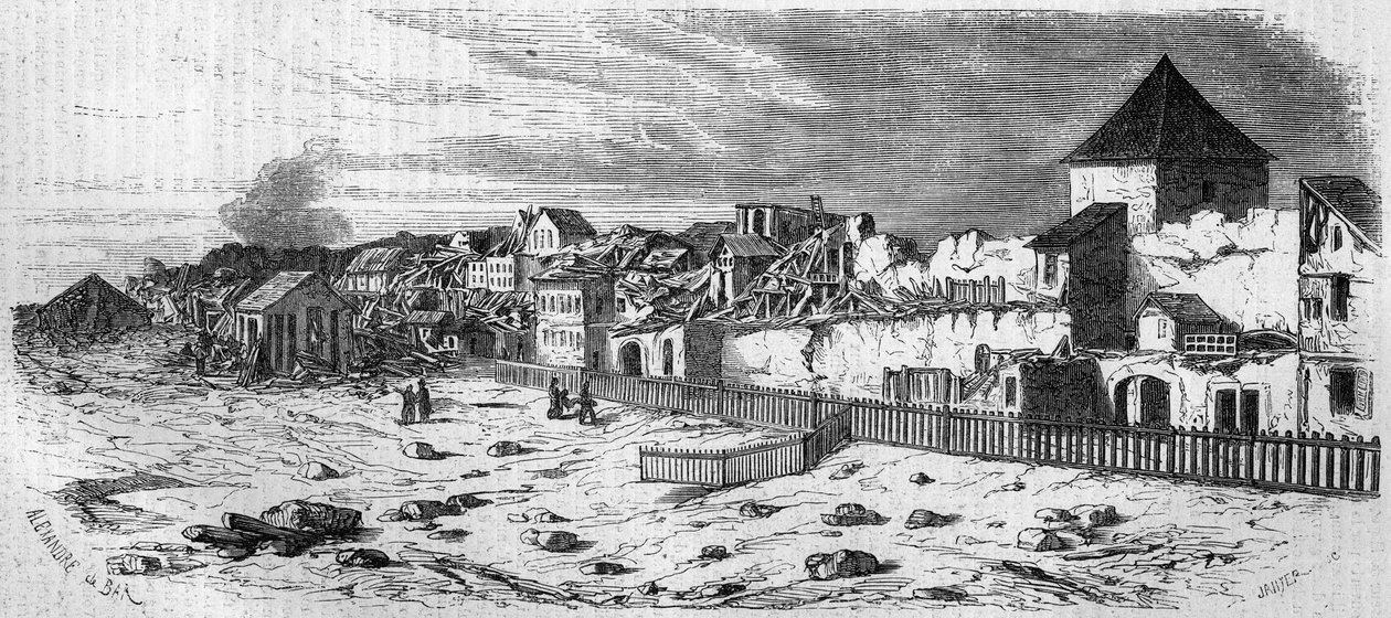 Kilátás Kastrich városának kerületére, Mainzban (Németország), a porhordó 1857-es robbanása után. Fényképről. Metszet a „” Le Monde Illustré”” 36. számában, 1857. december 19. alkotó: French School