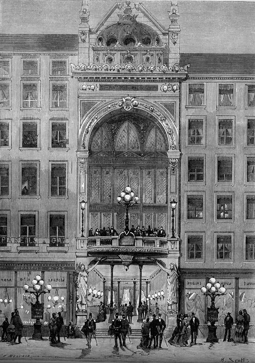 Kilátás a lyoni Bellecour színház homlokzatára, amelyet Jules Chatron (1831-1884) épített 1879-ben. Metszet a „” Le Monde Illustré” 1176. számában, október 11. alkotó: French School