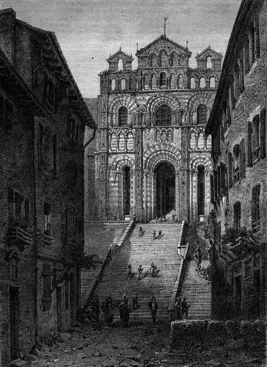 Kilátás a Cathedrale Notre Dame du Puy en Velay (Puy-en-Velay), Haute Loire (43) homlokzatára alkotó: French School