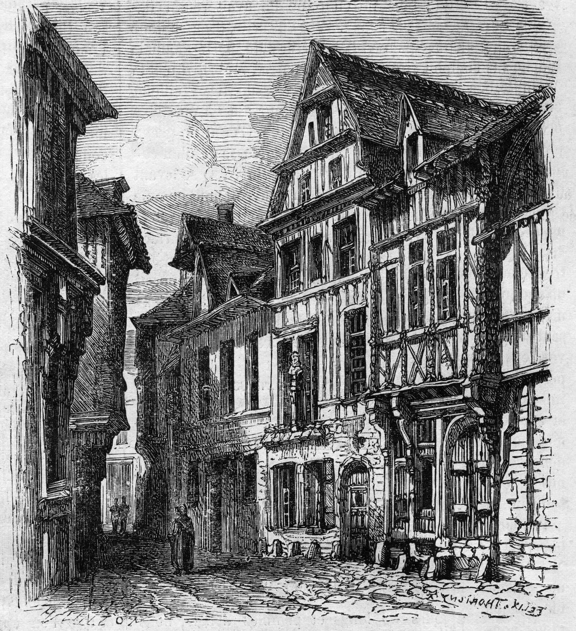 Kilátás a roueni rue de la Pie házra, ahol Pierre Corneille született. Metszet a „” Le Monde Illustré”” 308. számában, január 3 alkotó: French School