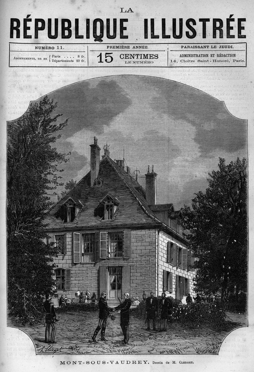 Kilátás Jules Grevy elnök (1807-1891) házára a Mont sous Vaudrey-ben (Mont-sous-Vaudrey) Franche Comte-ban. Egy újság. Metszet 1880-ból a „La republique illustree”” magángyűjteményben. alkotó: French School