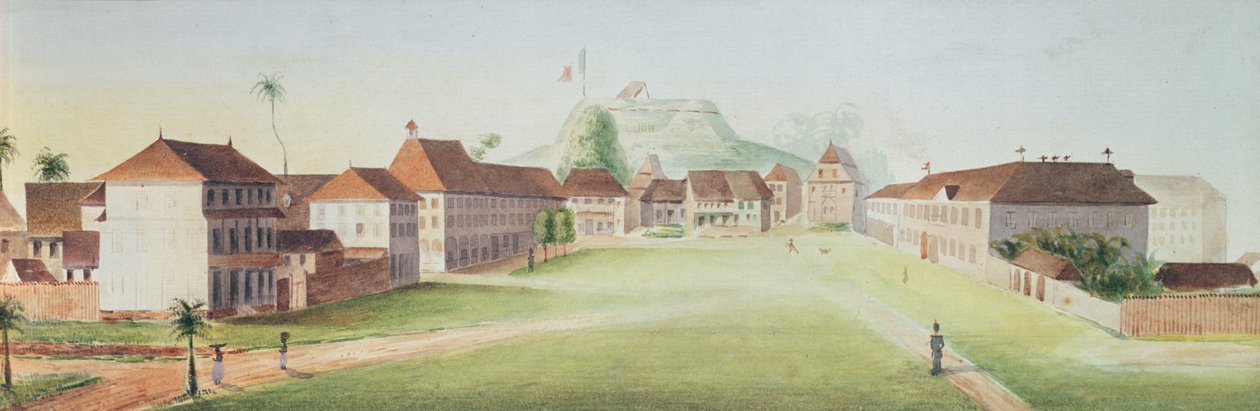 Kilátás a gyalogsági laktanyára Cayenne-ben, Francia Guyana, kb. 1840 (wc papíron) alkotó: French School