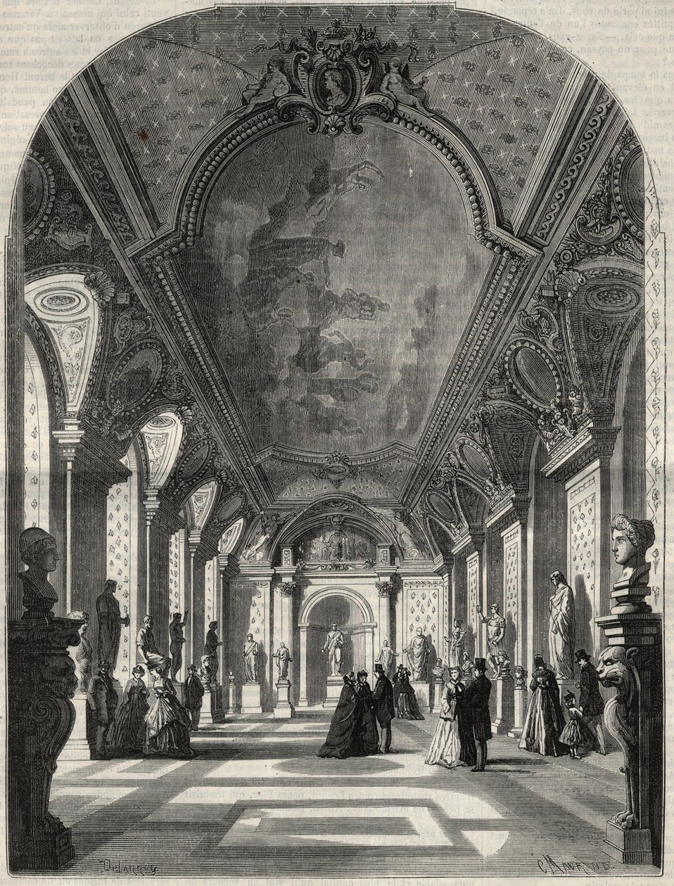 Kilátás a római császárok új szobájára, a Musee des antiques du Louvre-ban. Metszet a „L