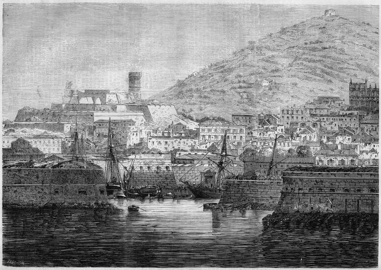 Kilátás a kikötőre és Gaete (Gaeta), Olaszország városára alkotó: French School