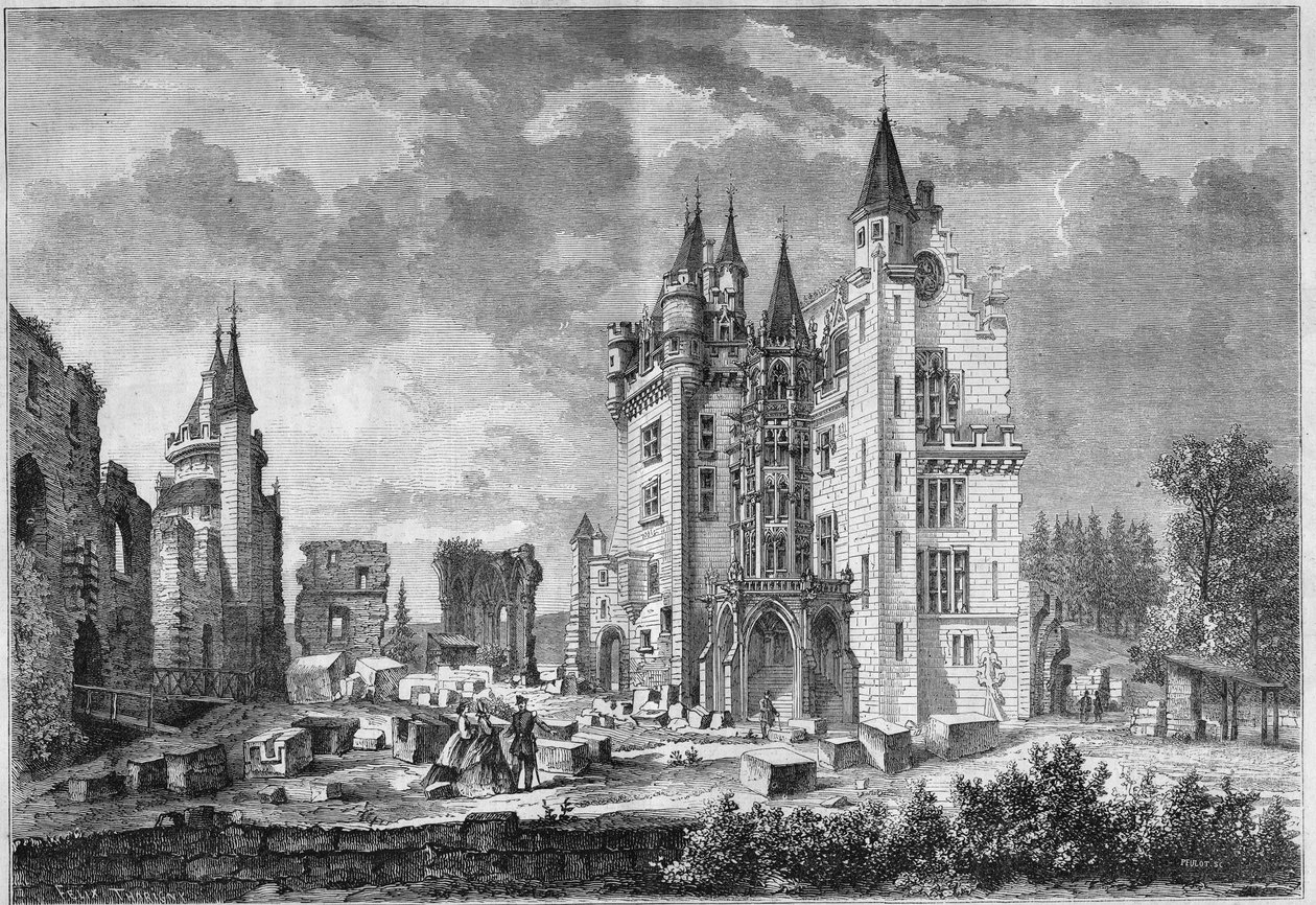 A Chateau de Pierrefonds restaurálási munkáinak megtekintése, amelyet Eugene Viollet le Duc (Viollet-le-Duc) szervezett III. Napóleon és Eugenie de Montijo impresszum látogatása során. Oise (60) alkotó: French School