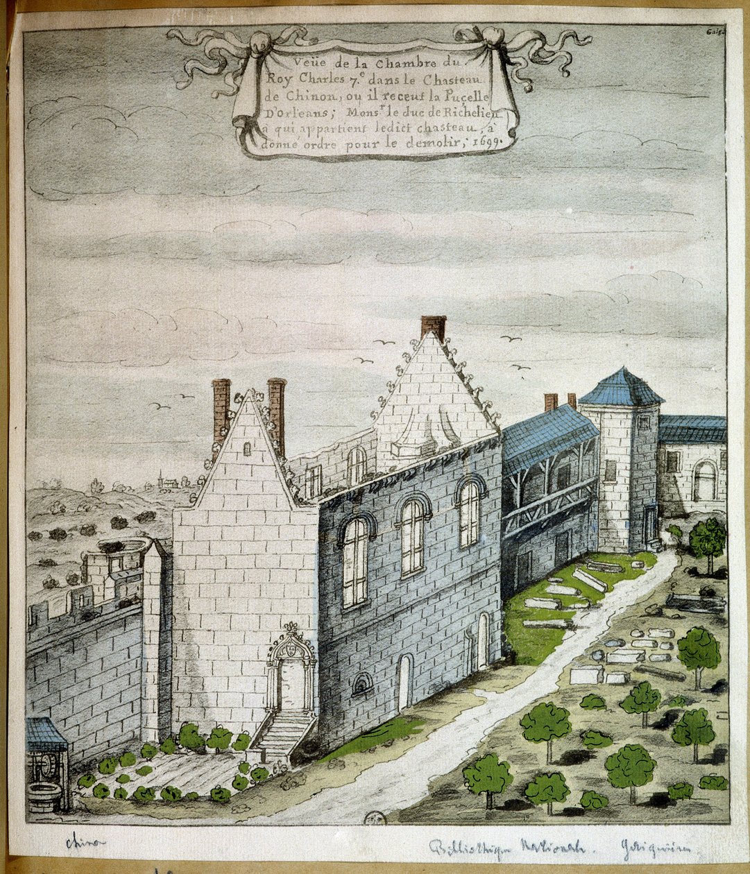 Kilátás VII. Károly király szobájára Chinon kastélyában, ahol fogadta az orléansi szobalányt - akvarell alkotó: French School