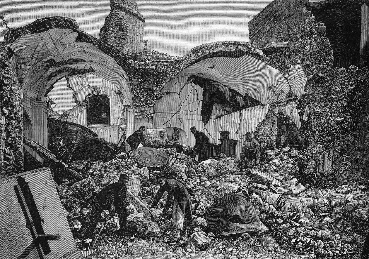 Kilátás a Chiese del Purgatorio romjaira, amely az 1881-es földrengés során megsemmisült Ischia szigetén (Olaszország). Quesnel metszete az 1881. április 9-i „” The Illustrous World”” 1254. sz. alkotó: French School