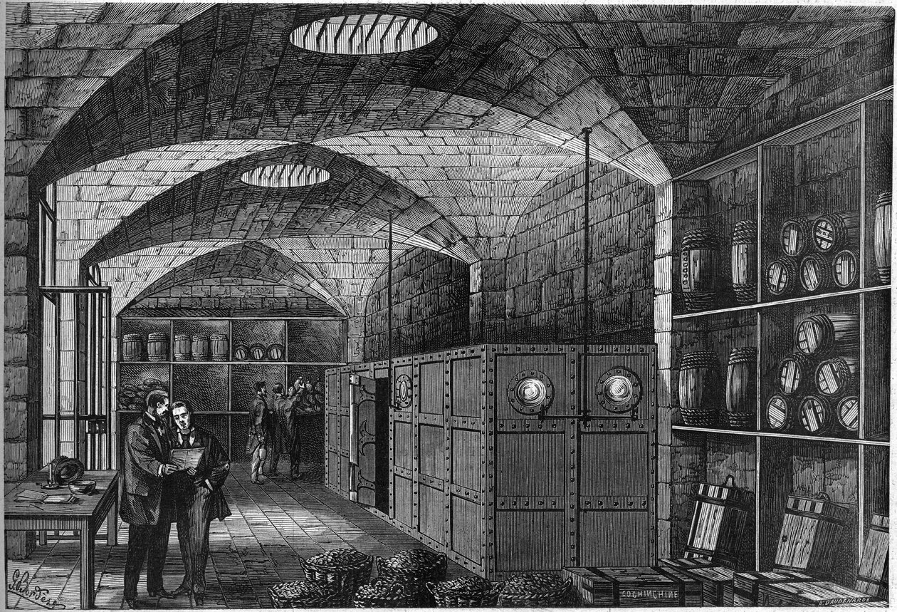 Kilátás a Louvre pincéjében található szigorításra, ahol a Németországba szánt ezüstöt tárolják. Franciaországnak kárpótlást kellett fizetnie az 1870-es háború alatt elszenvedett vereségért. Párizs alkotó: French School