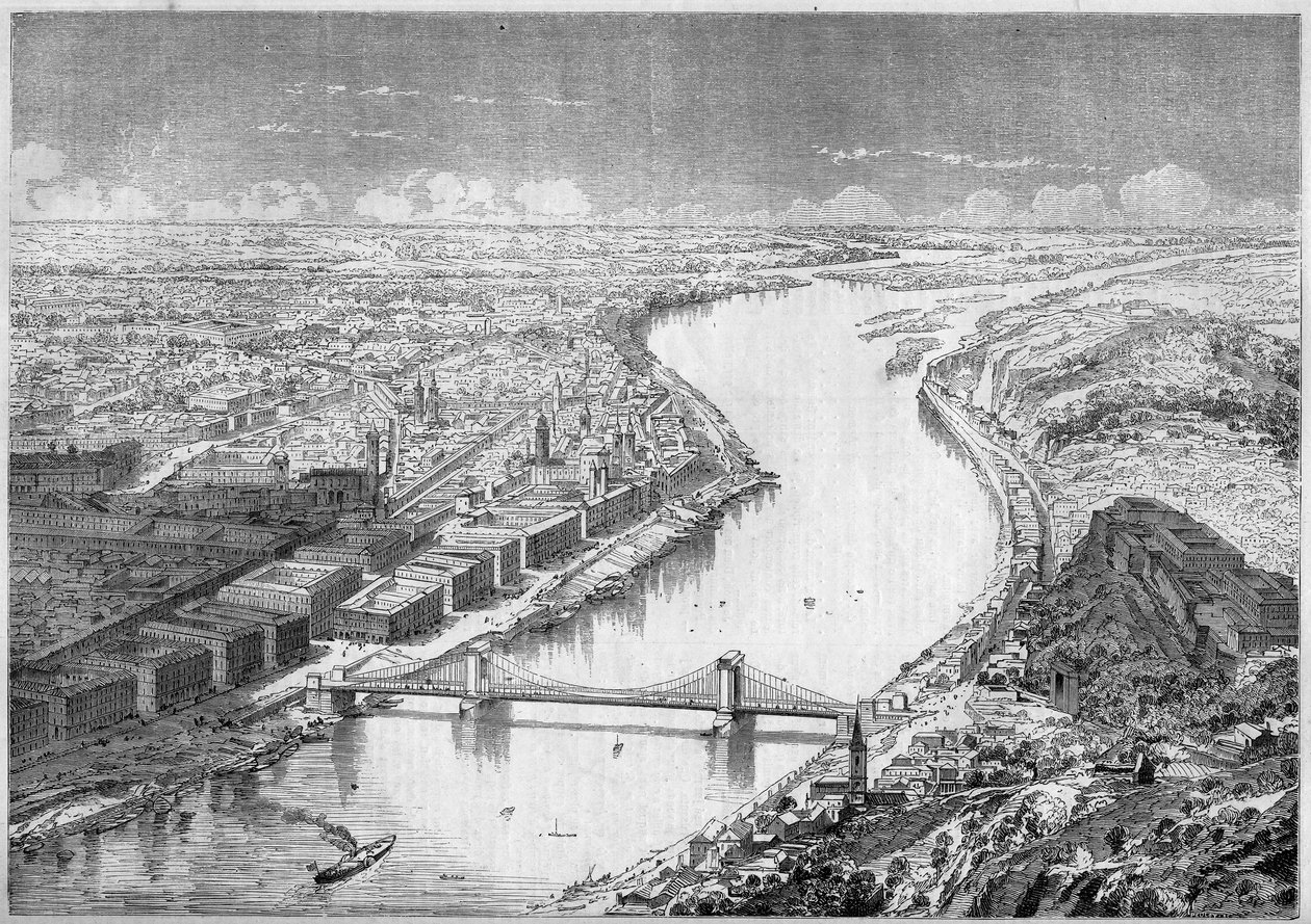 Pest város, Magyarország fővárosa 1861-ben és az 1840 és 1849 között épült Széchenyi-híd (Pest) látképe. Metszet a „” Le Monde Illustré”” 229. sz. 1861. augusztus 31-én. alkotó: French School